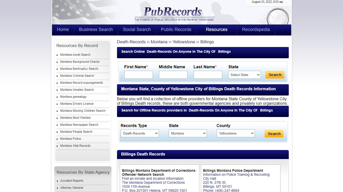 Billings, Yellowstone County, Montana Death Records